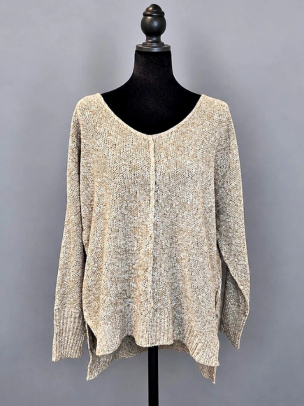 Zenana Tunic Textured Sweater Brown & Cream